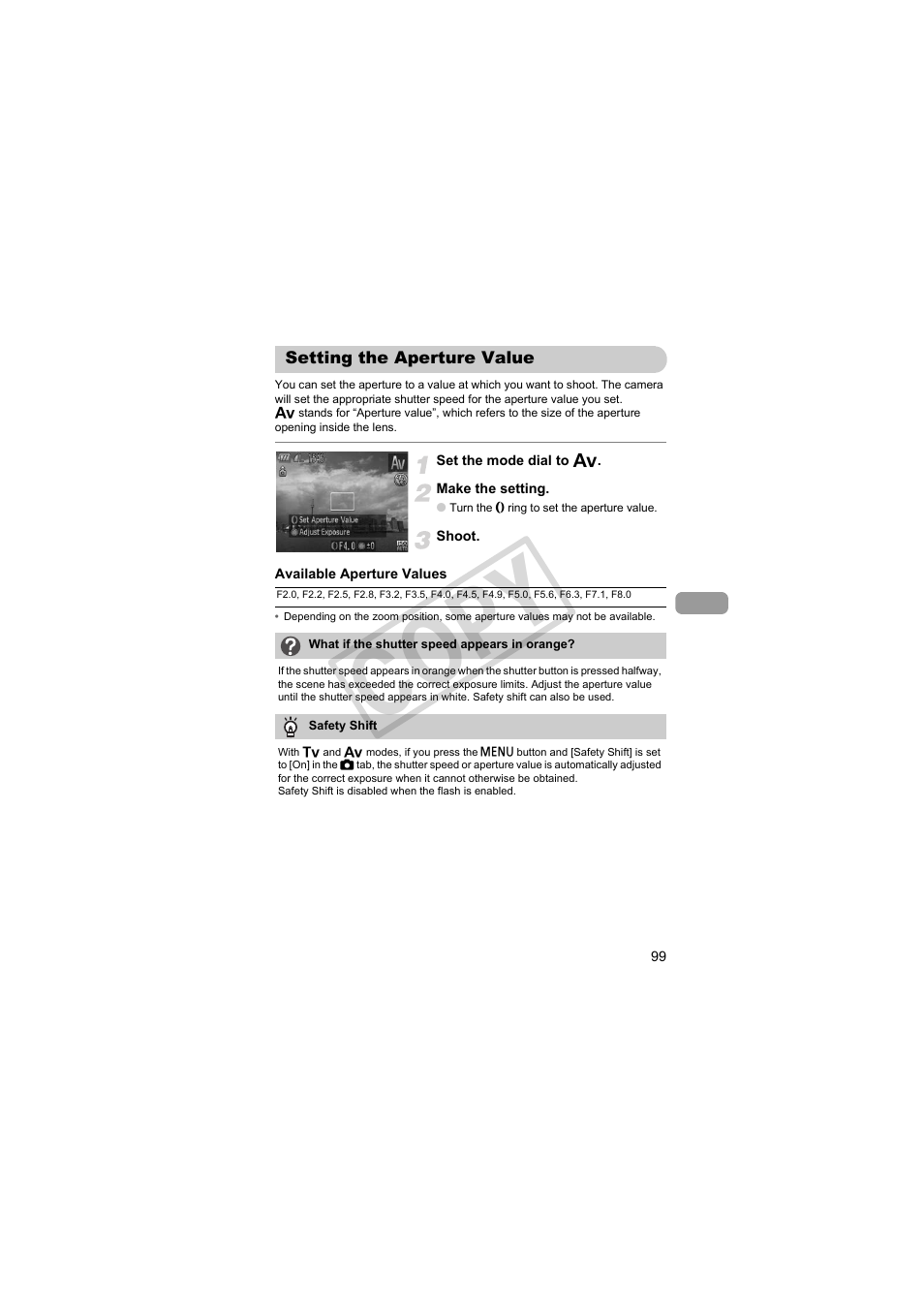 Setting the aperture value, Cop y | Canon PowerShot S95 User Manual | Page 99 / 196