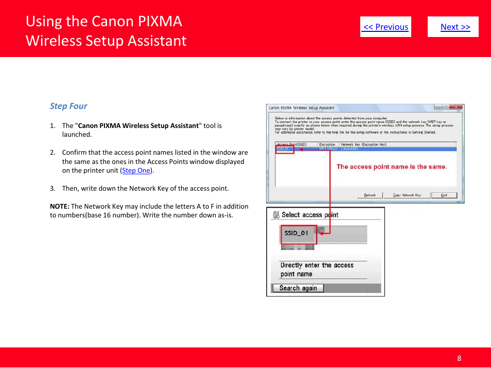 Using the canon pixma wireless setup assistant | Canon Obtaining Your Network Key MP990 User Manual | Page 8 / 10