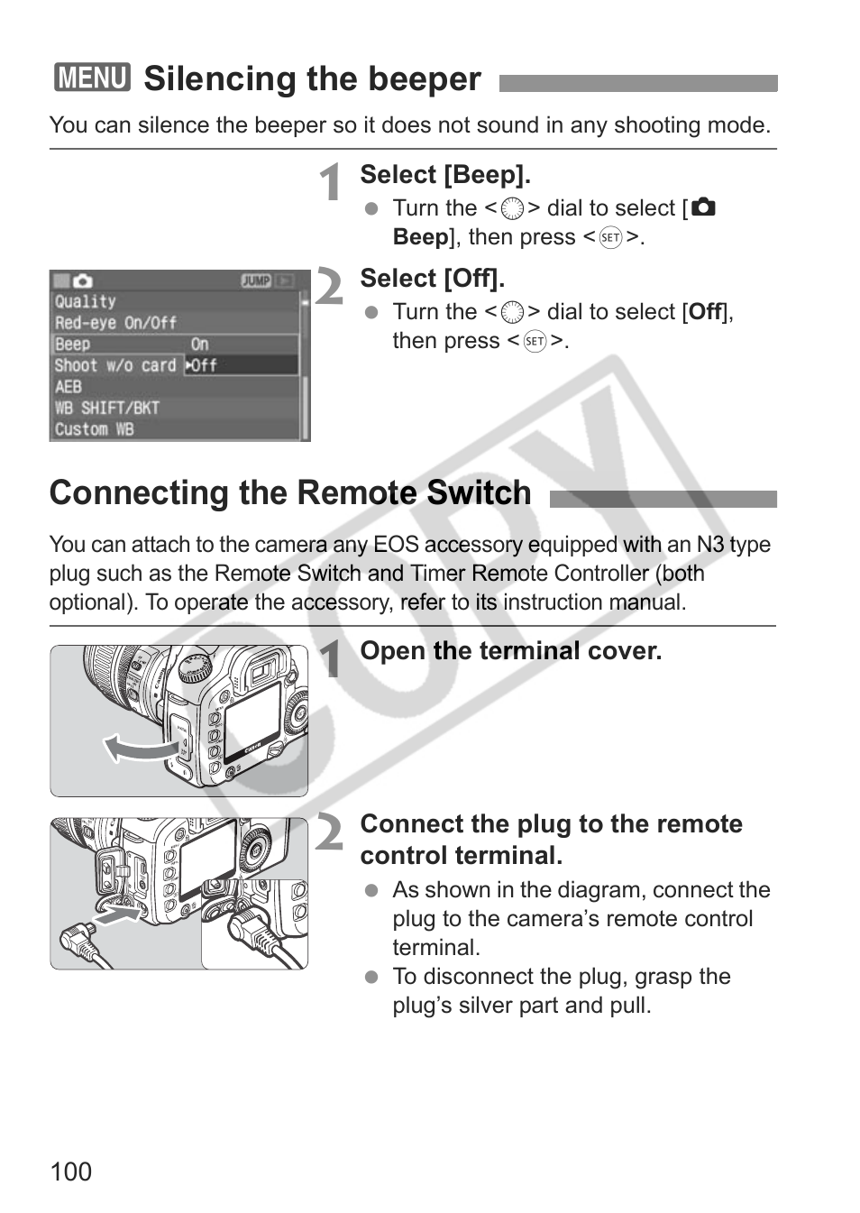 3silencing the beeper connecting the remote switch | Canon EOS 30D User Manual | Page 100 / 200