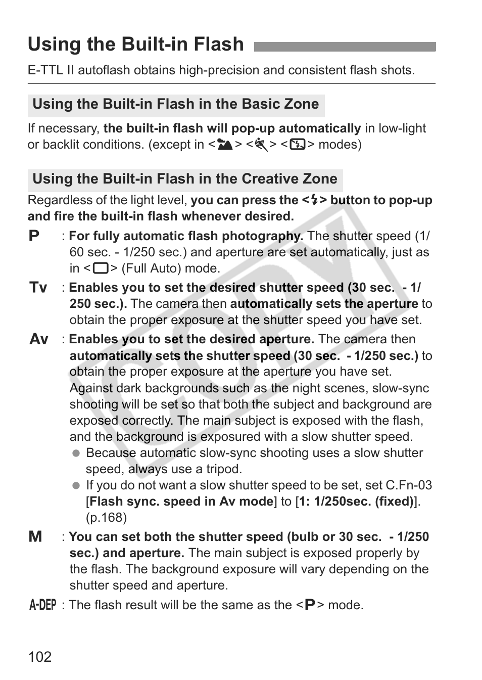 Using the built-in flash | Canon EOS 30D User Manual | Page 102 / 200