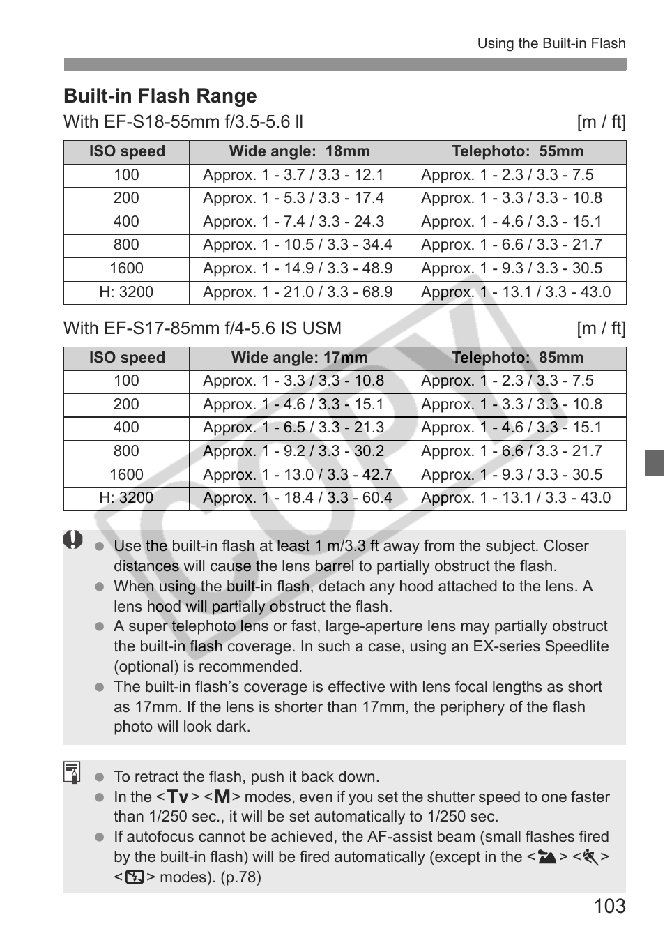 Built-in flash range | Canon EOS 30D User Manual | Page 103 / 200