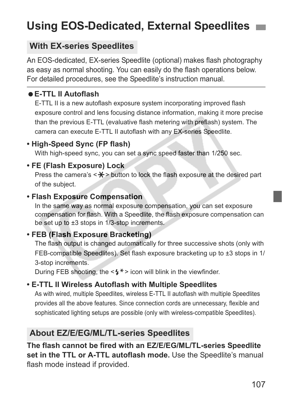 Using eos-dedicated, external speedlites | Canon EOS 30D User Manual | Page 107 / 200