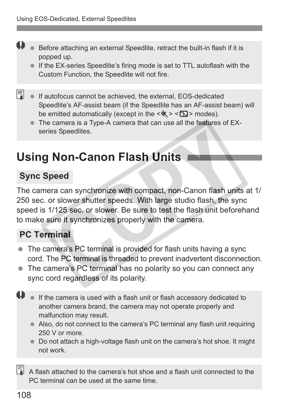 Using non-canon flash units, Sync speed pc terminal | Canon EOS 30D User Manual | Page 108 / 200