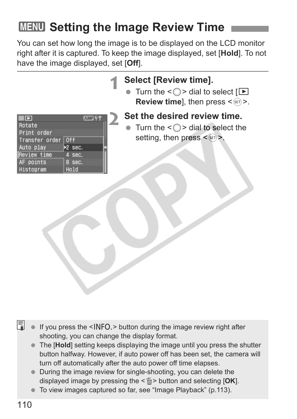 3setting the image review time | Canon EOS 30D User Manual | Page 110 / 200