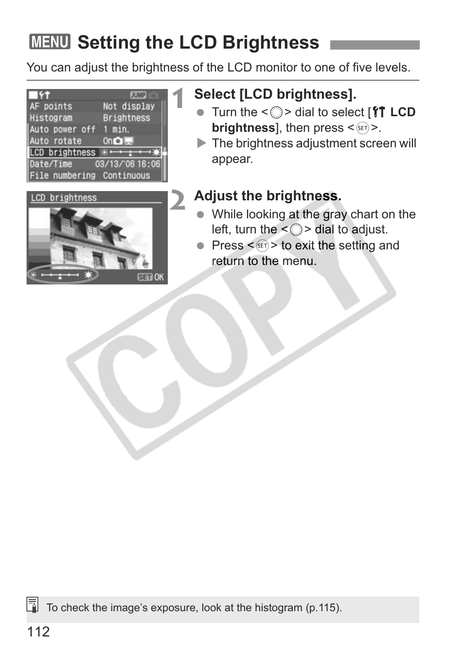 3setting the lcd brightness | Canon EOS 30D User Manual | Page 112 / 200