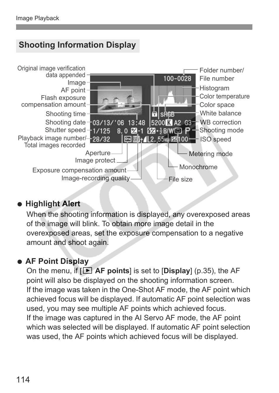 Shooting information display | Canon EOS 30D User Manual | Page 114 / 200