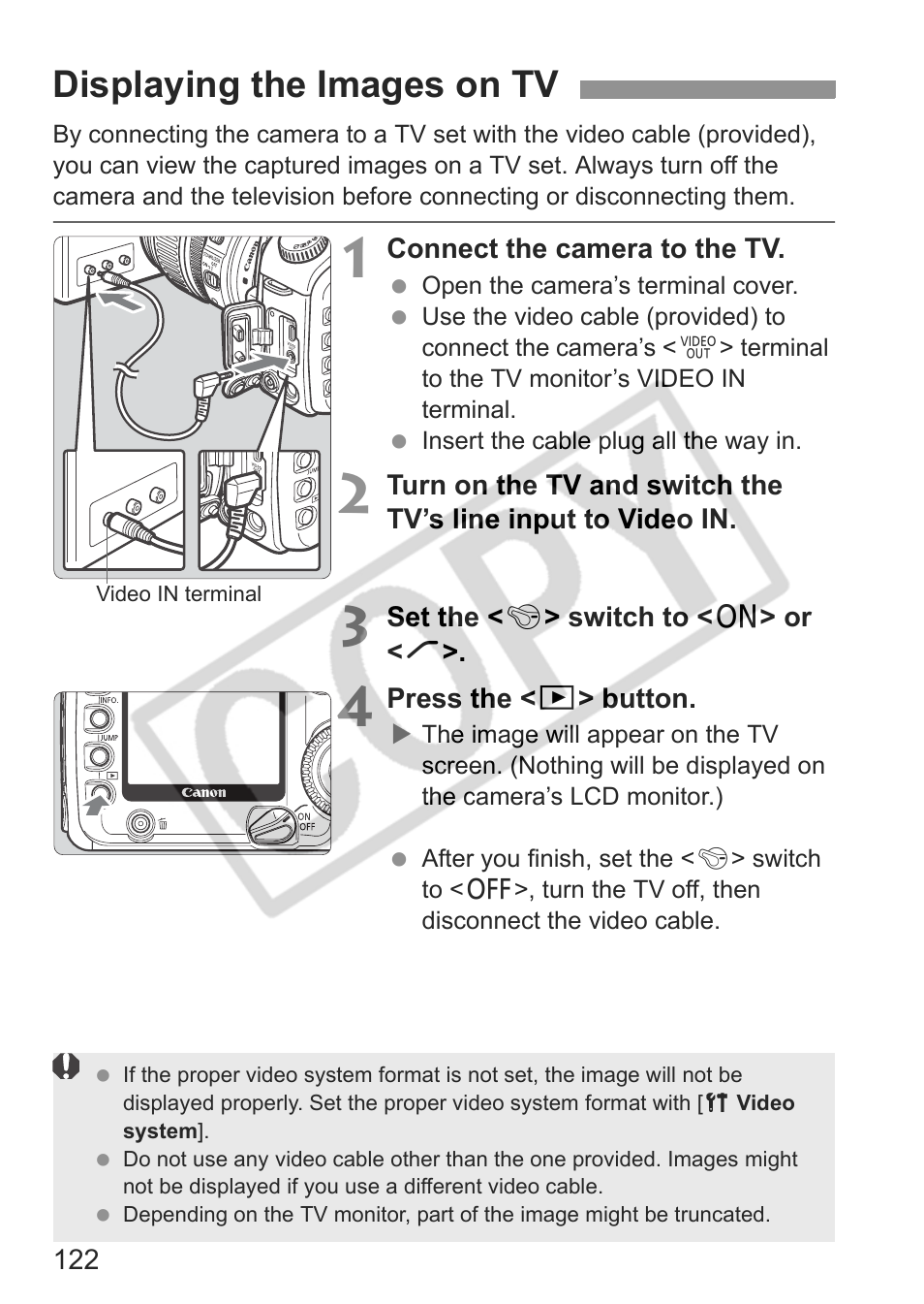Displaying the images on tv | Canon EOS 30D User Manual | Page 122 / 200