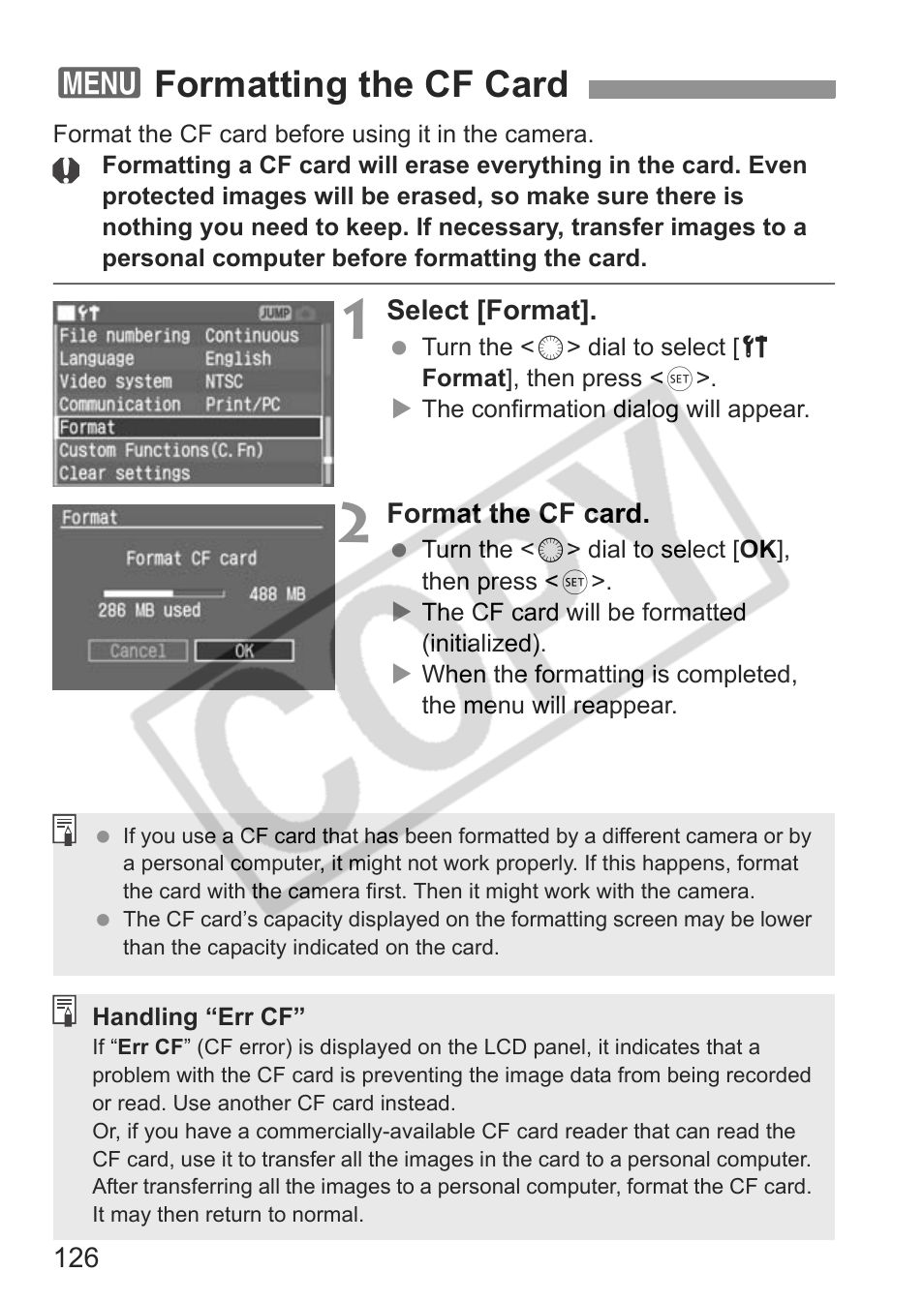 3formatting the cf card | Canon EOS 30D User Manual | Page 126 / 200