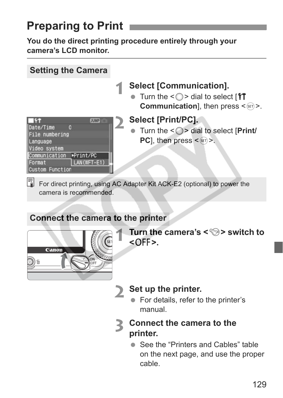 Preparing to print | Canon EOS 30D User Manual | Page 129 / 200