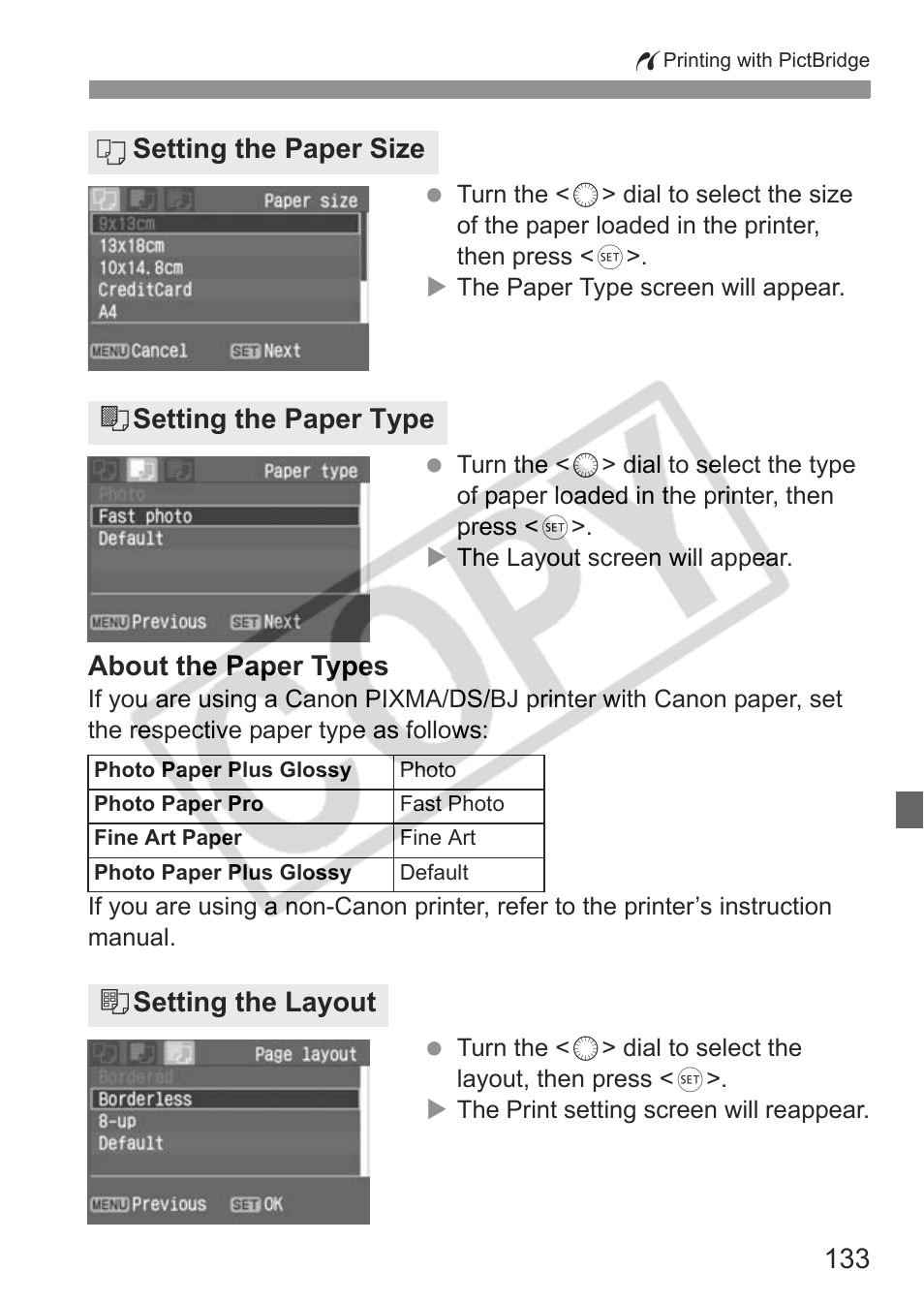 About the paper types, Setting the paper size y setting the paper type, U setting the layout | Canon EOS 30D User Manual | Page 133 / 200