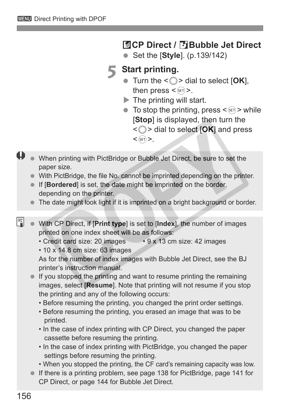 156 a cp direct / s bubble jet direct, Start printing | Canon EOS 30D User Manual | Page 156 / 200