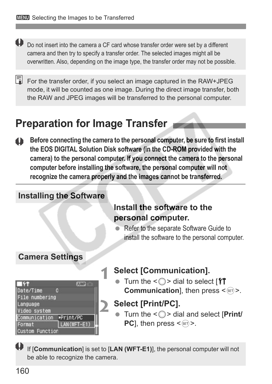 Preparation for image transfer | Canon EOS 30D User Manual | Page 160 / 200