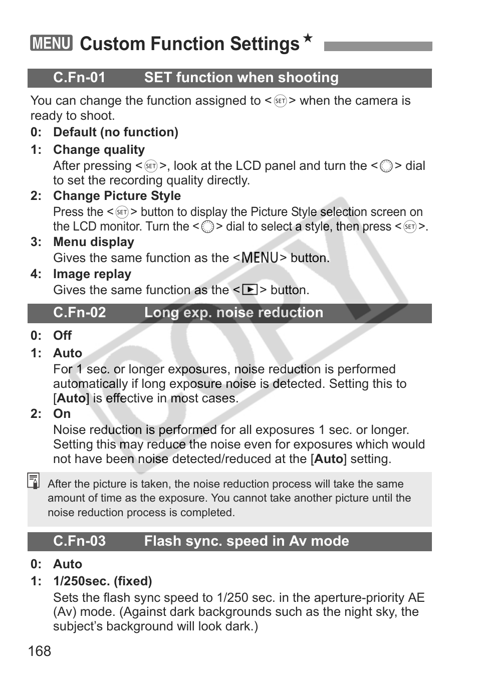 3custom function settings n | Canon EOS 30D User Manual | Page 168 / 200