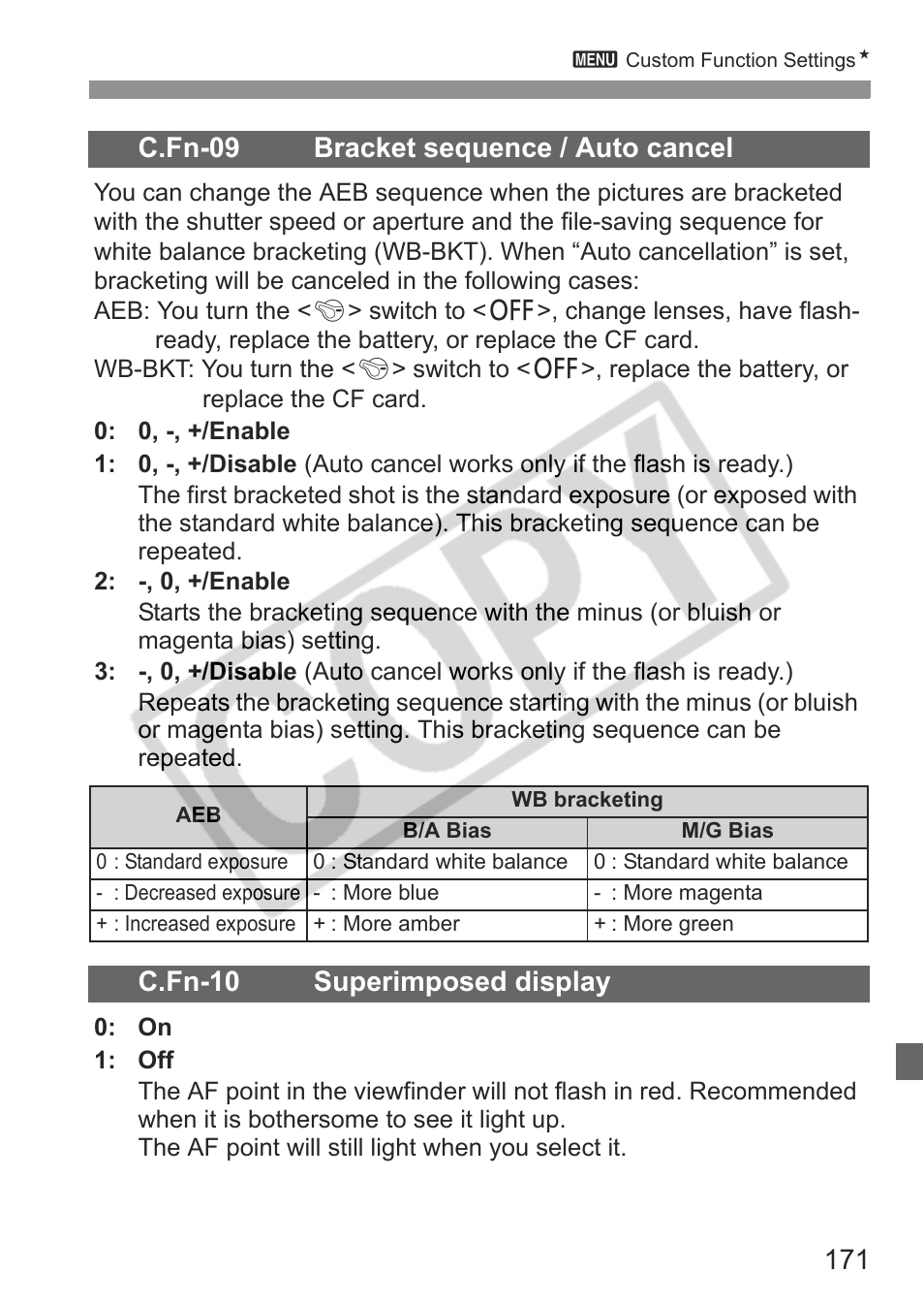 C.fn-09 bracket sequence / auto cancel, C.fn-10 superimposed display | Canon EOS 30D User Manual | Page 171 / 200
