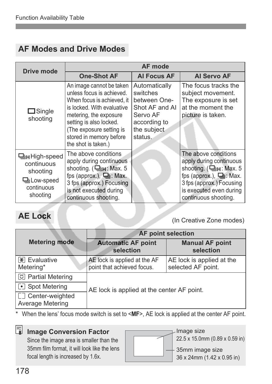 Af modes and drive modes, Ae lock | Canon EOS 30D User Manual | Page 178 / 200