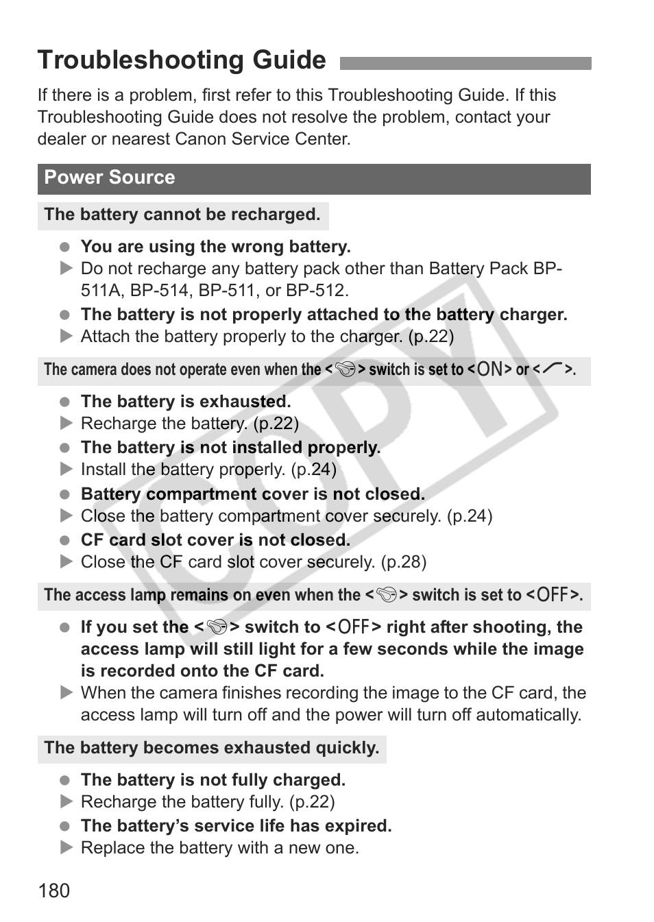 Troubleshooting guide, Power source | Canon EOS 30D User Manual | Page 180 / 200
