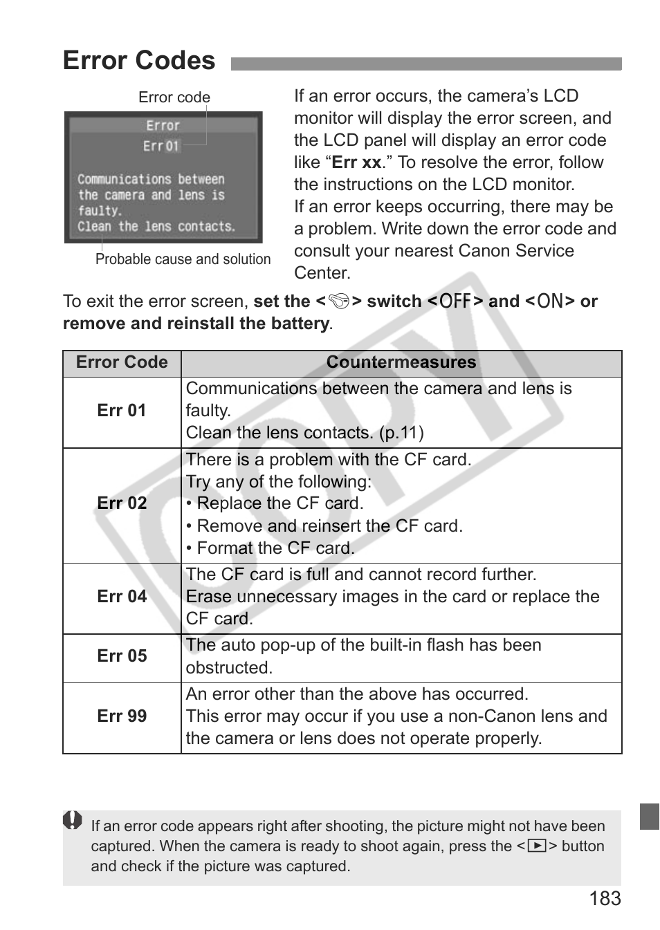 Error codes | Canon EOS 30D User Manual | Page 183 / 200