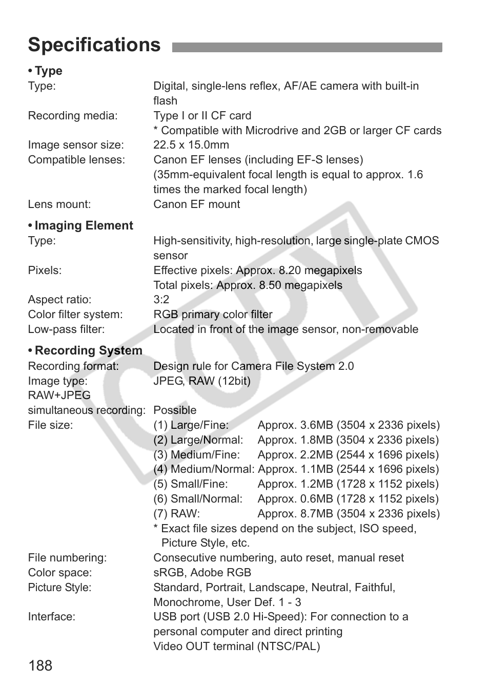 Specifications | Canon EOS 30D User Manual | Page 188 / 200