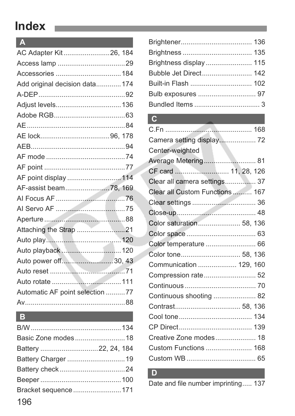 Index | Canon EOS 30D User Manual | Page 196 / 200