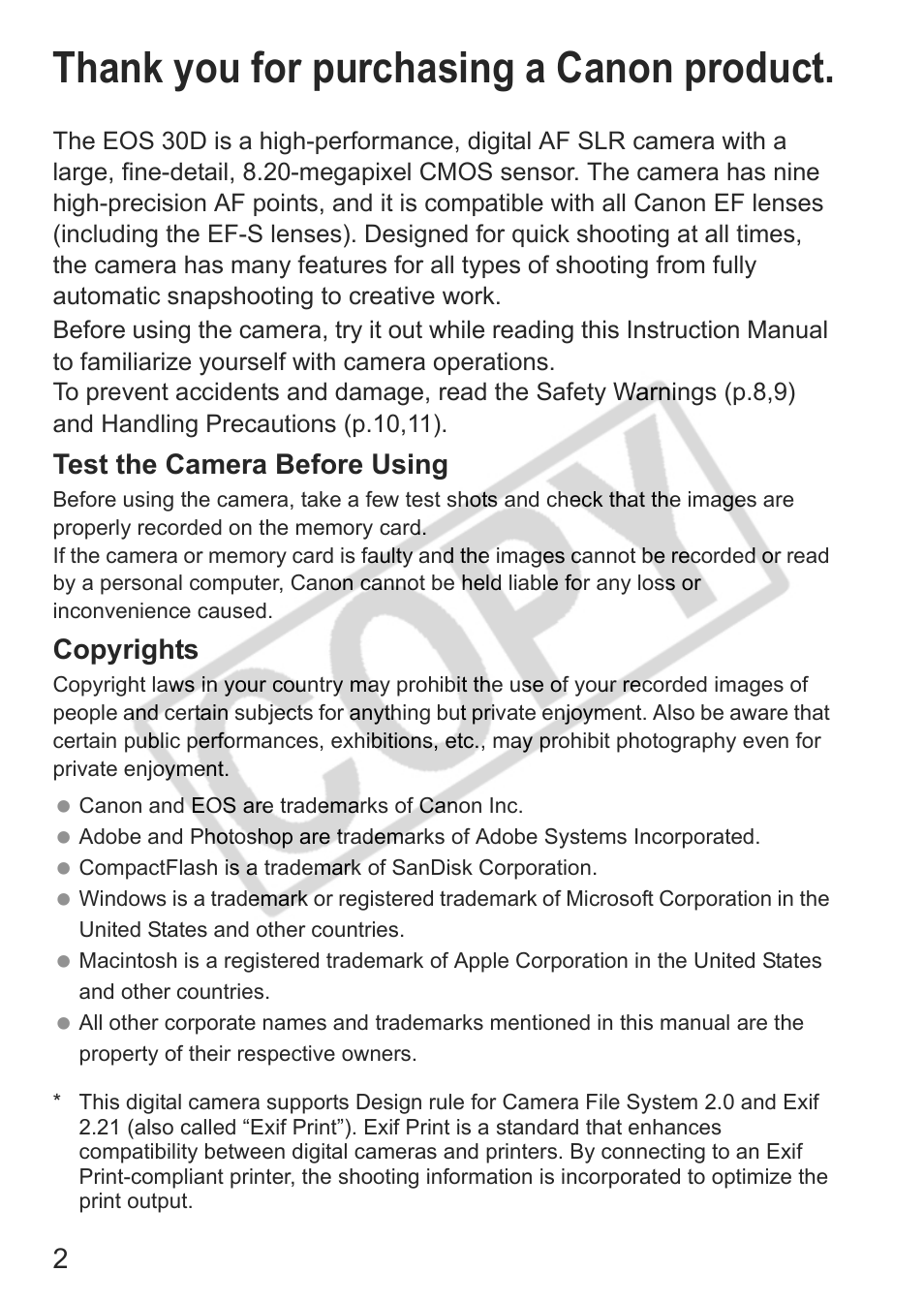 Test the camera before using, Copyrights | Canon EOS 30D User Manual | Page 2 / 200