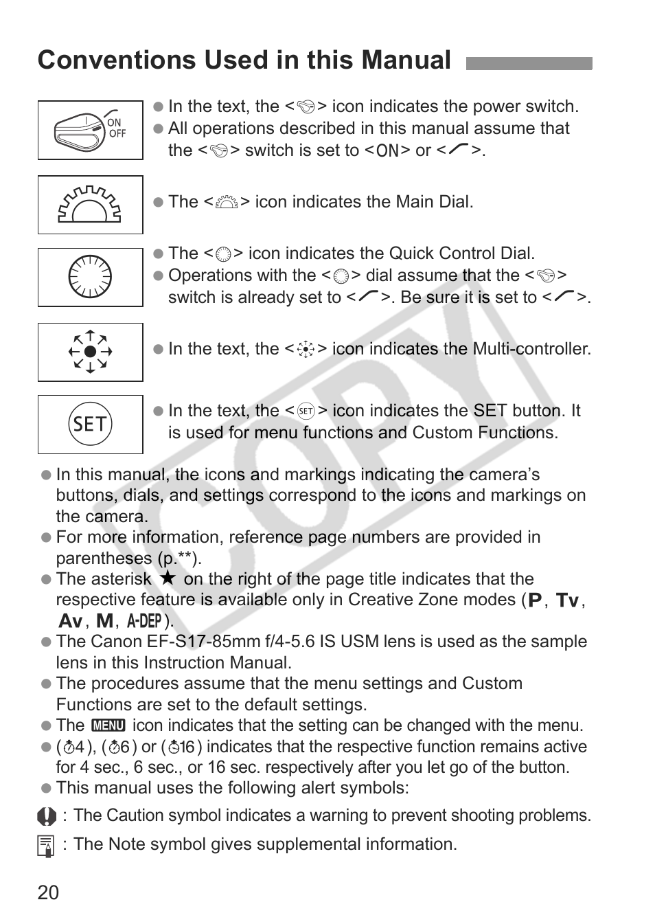 Conventions used in this manual | Canon EOS 30D User Manual | Page 20 / 200