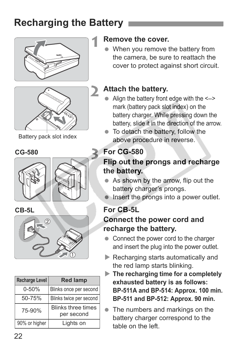 Recharging the battery | Canon EOS 30D User Manual | Page 22 / 200