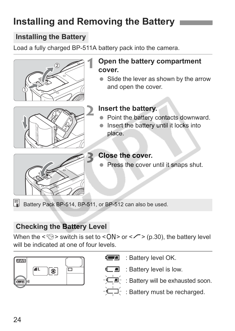 Installing and removing the battery | Canon EOS 30D User Manual | Page 24 / 200