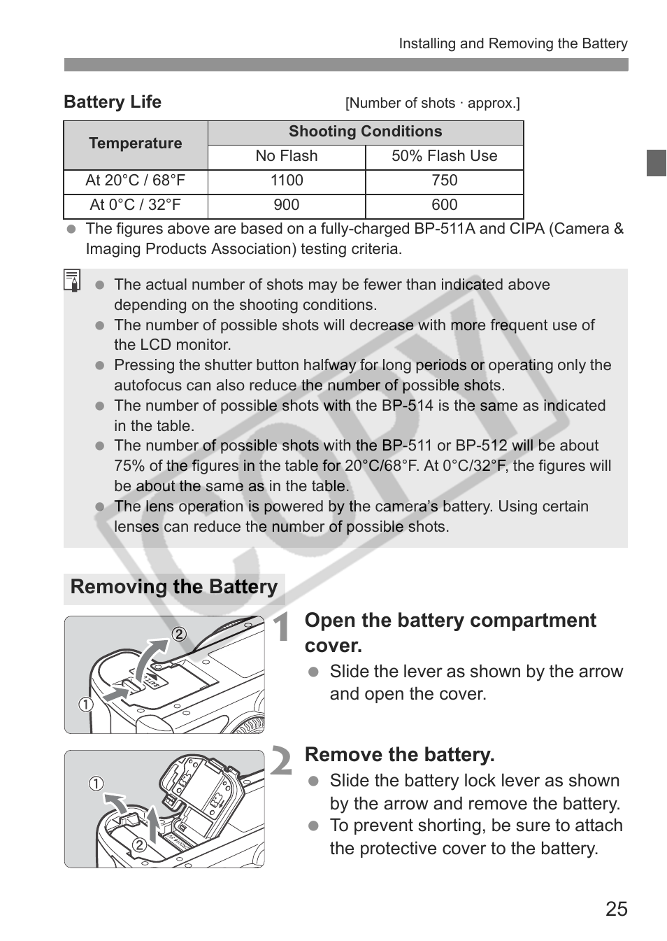 Open the battery compartment cover, Remove the battery, Removing the battery | Canon EOS 30D User Manual | Page 25 / 200