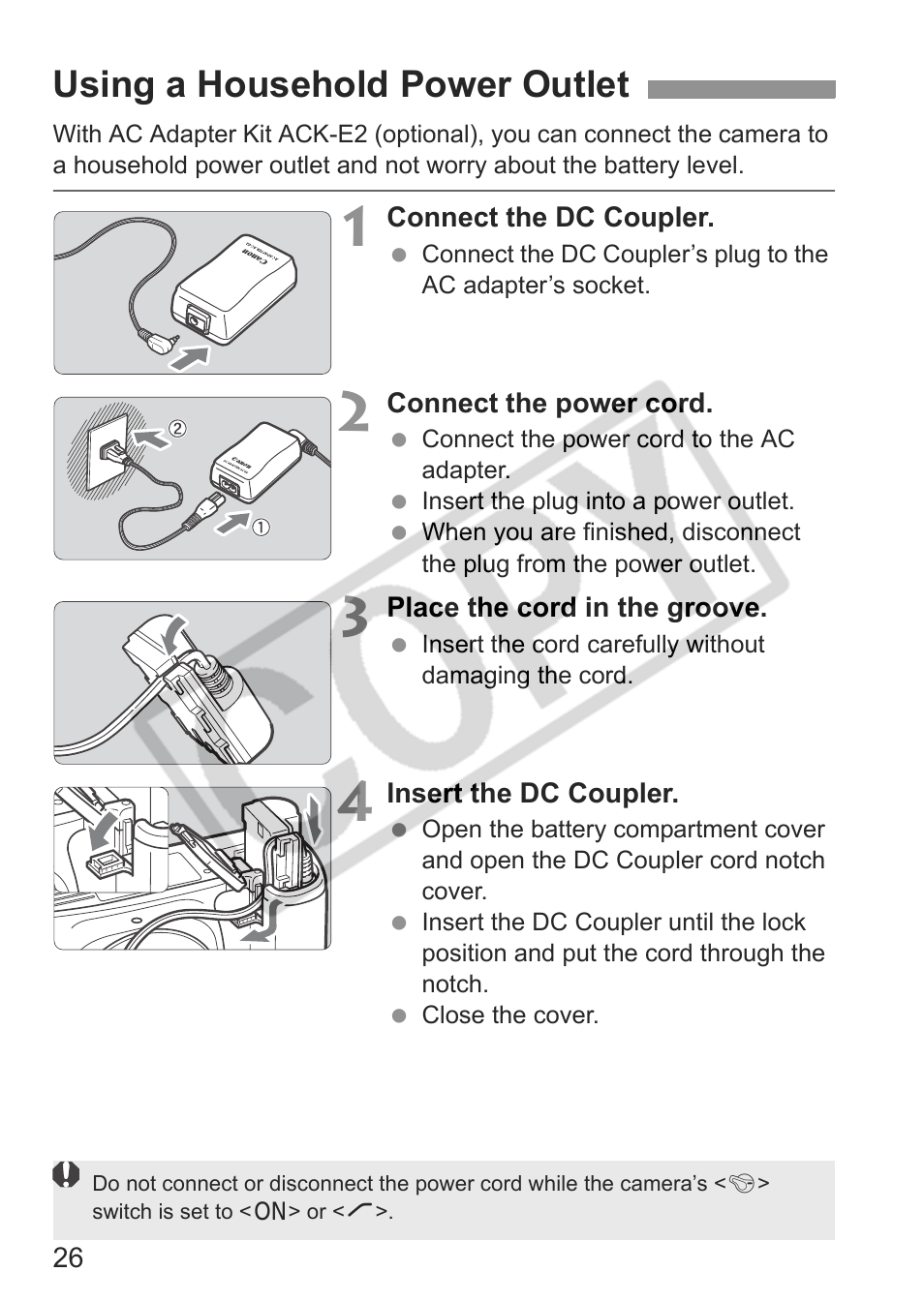 Using a household power outlet | Canon EOS 30D User Manual | Page 26 / 200