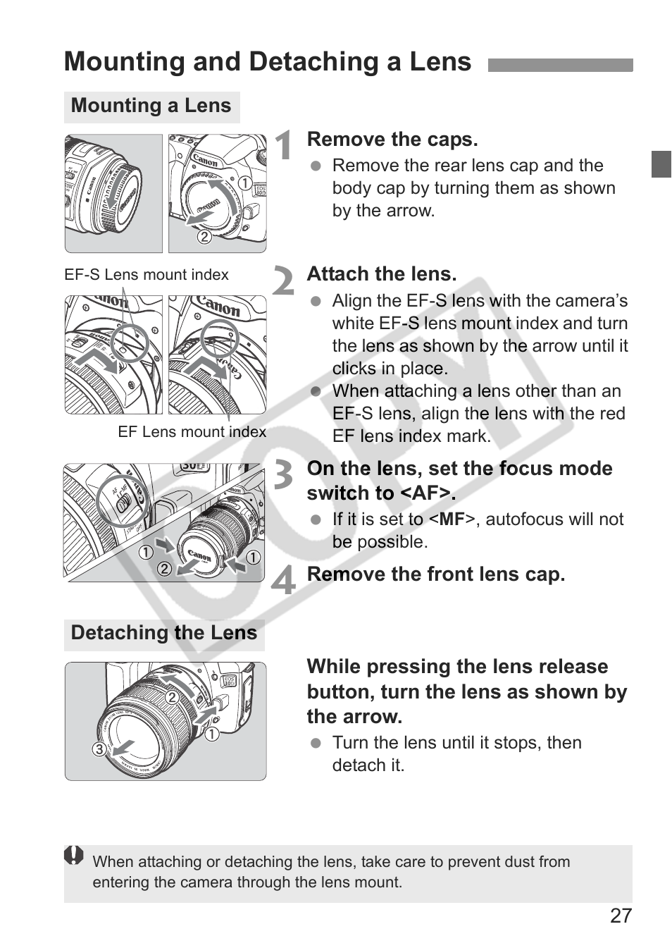 Mounting and detaching a lens | Canon EOS 30D User Manual | Page 27 / 200