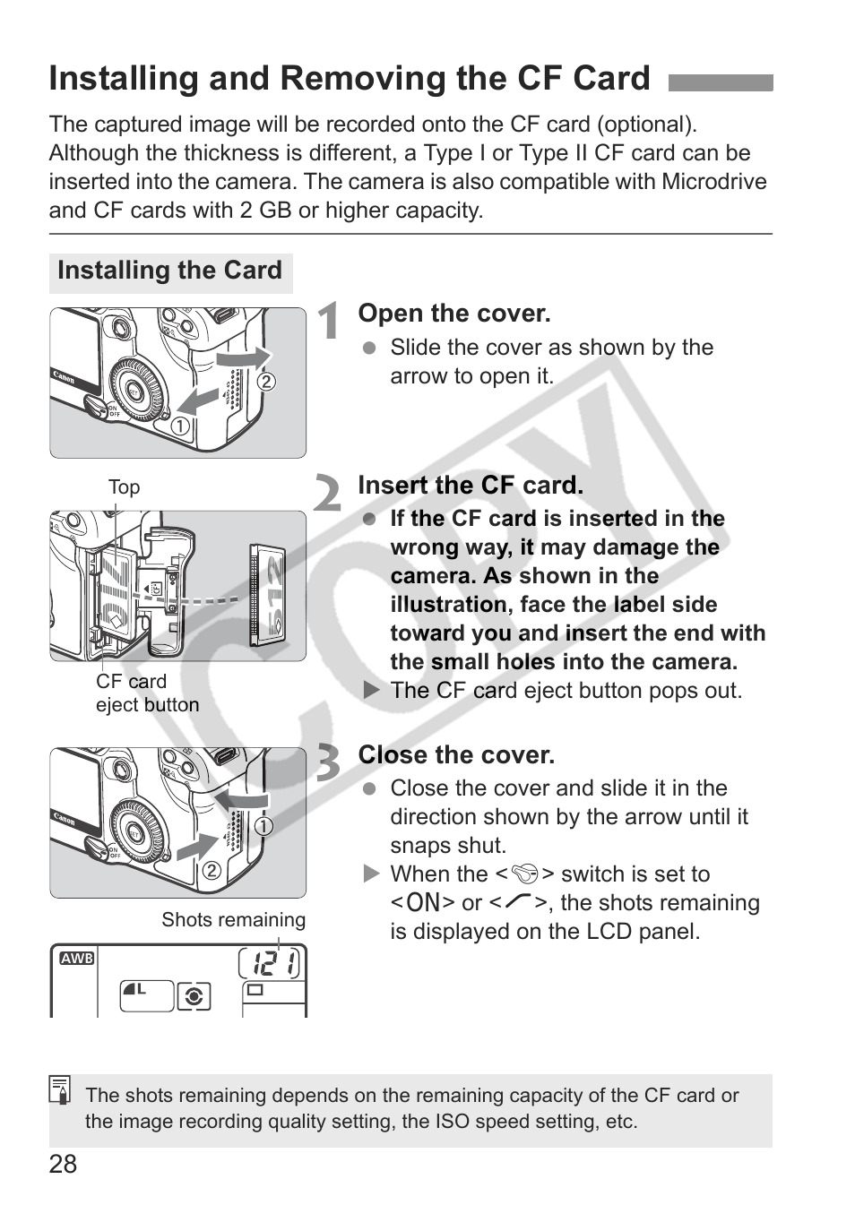 Installing and removing the cf card | Canon EOS 30D User Manual | Page 28 / 200