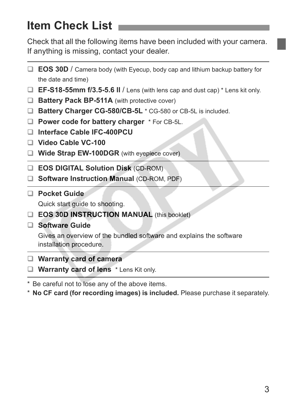 Item check list | Canon EOS 30D User Manual | Page 3 / 200