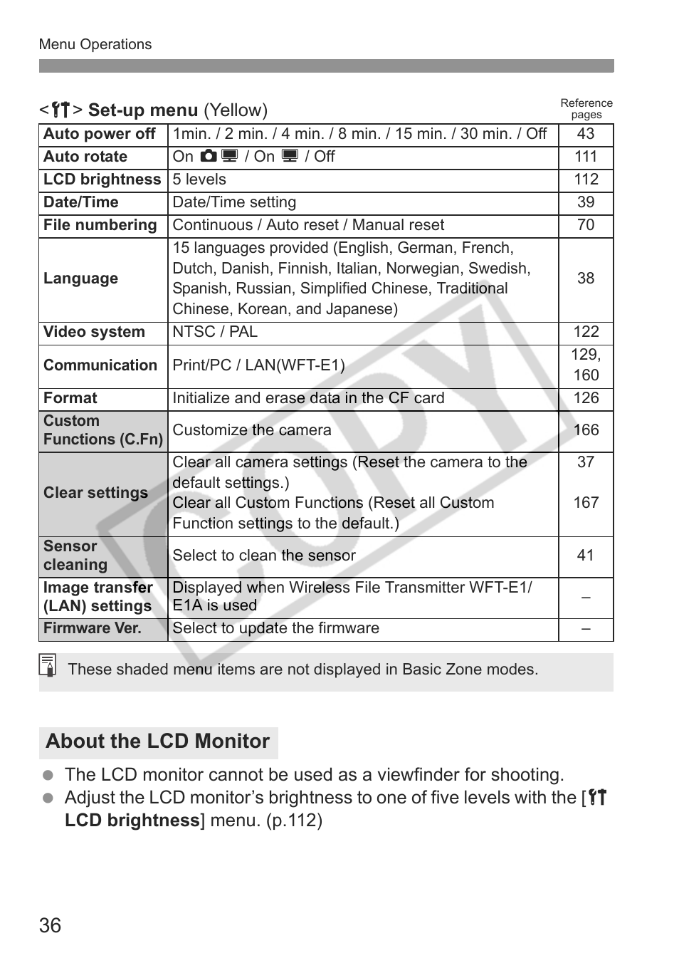 About the lcd monitor | Canon EOS 30D User Manual | Page 36 / 200