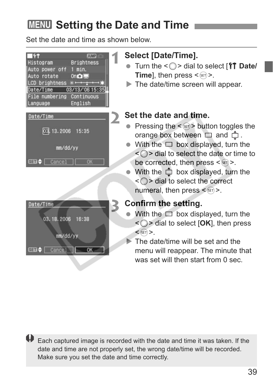 3setting the date and time | Canon EOS 30D User Manual | Page 39 / 200