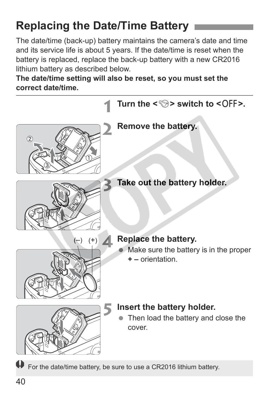 Replacing the date/time battery | Canon EOS 30D User Manual | Page 40 / 200