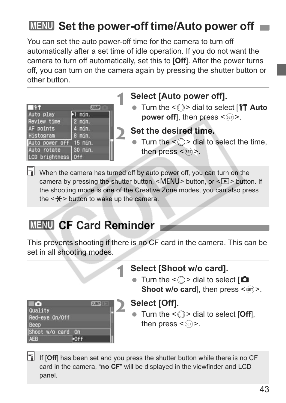 3set the power-off time/auto power off, 3cf card reminder | Canon EOS 30D User Manual | Page 43 / 200