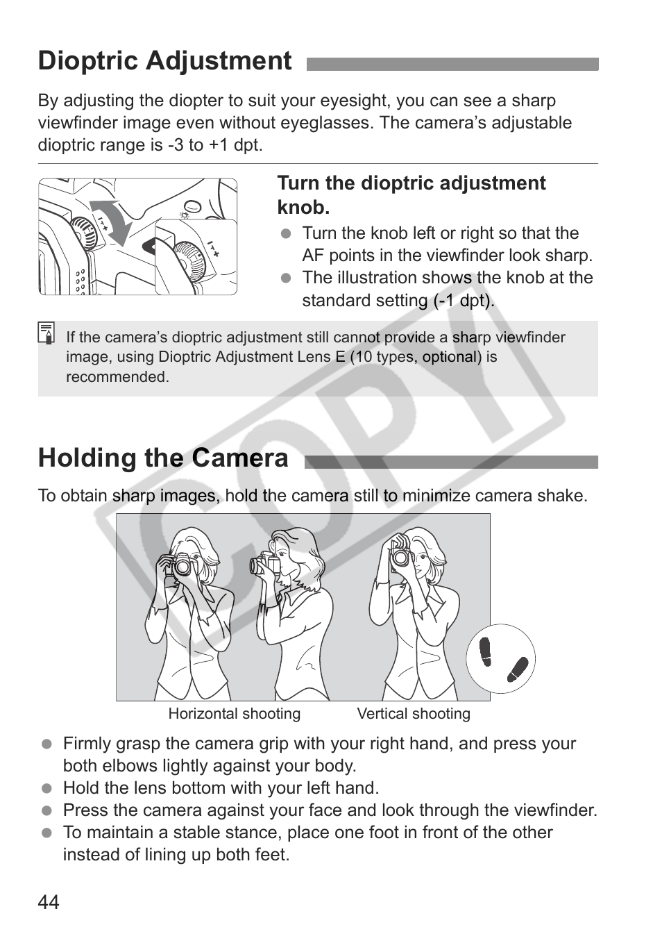 Dioptric adjustment, Holding the camera | Canon EOS 30D User Manual | Page 44 / 200