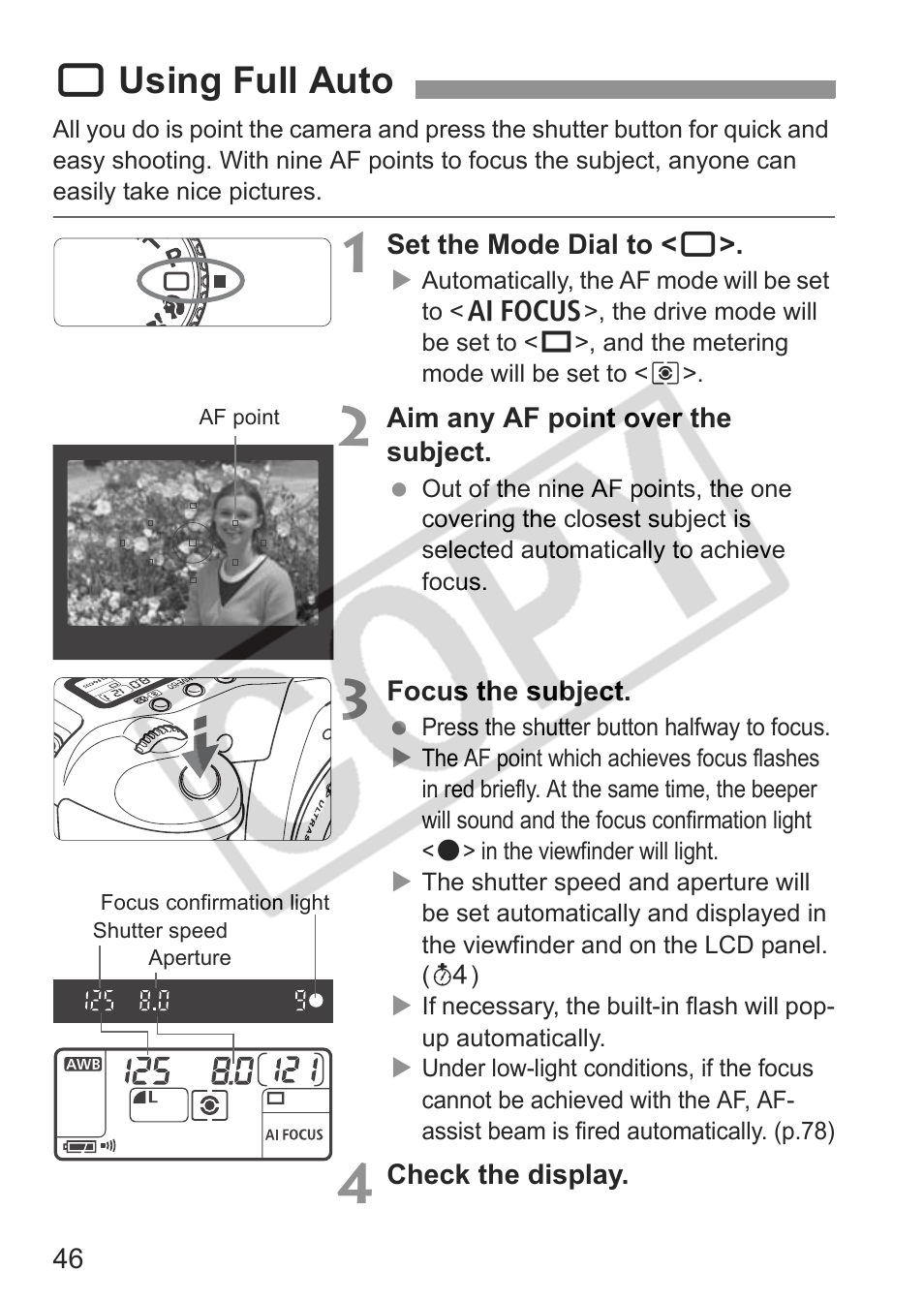 1 using full auto | Canon EOS 30D User Manual | Page 46 / 200