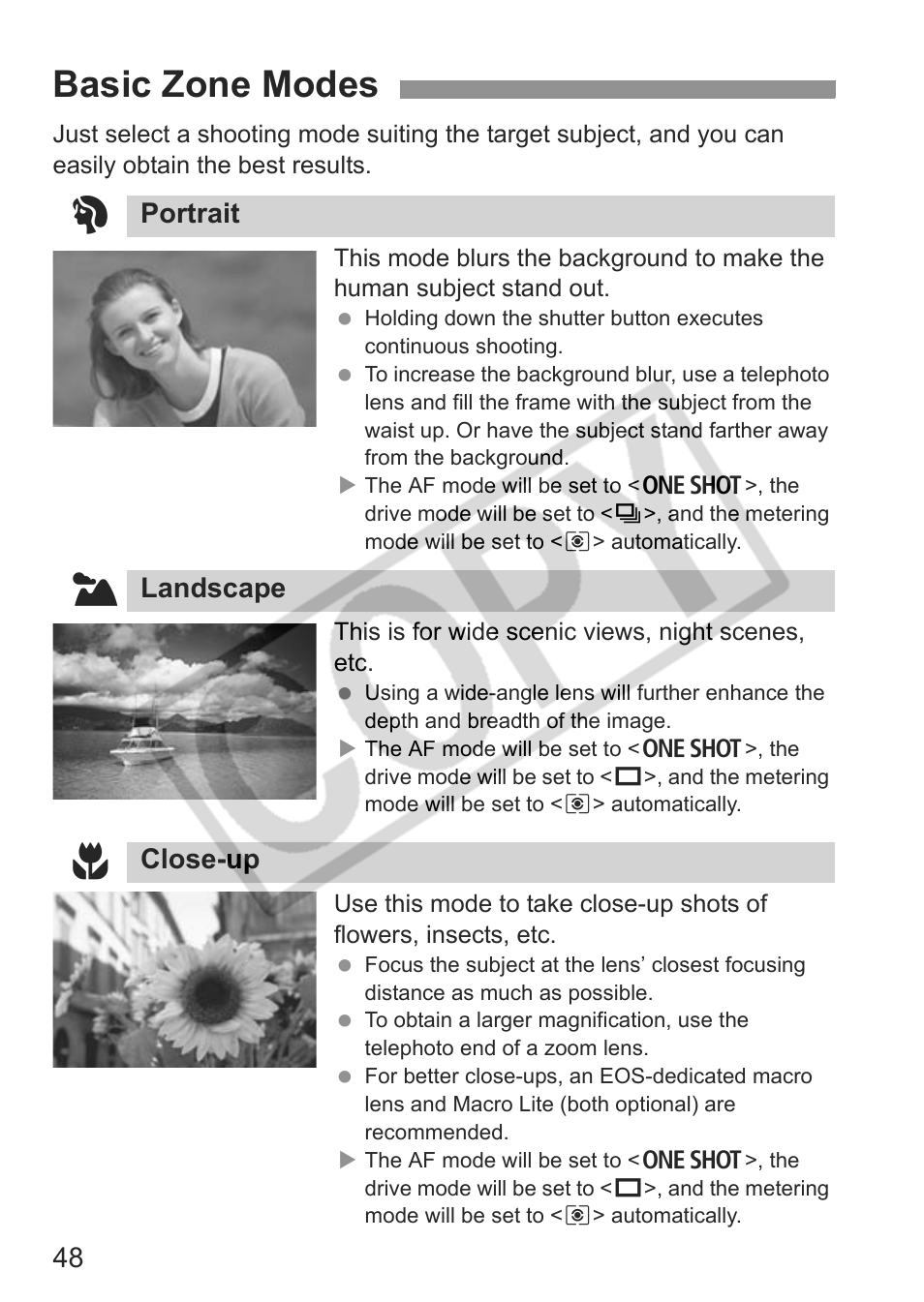 Basic zone modes 2, Portrait, Landscape | Close-up | Canon EOS 30D User Manual | Page 48 / 200