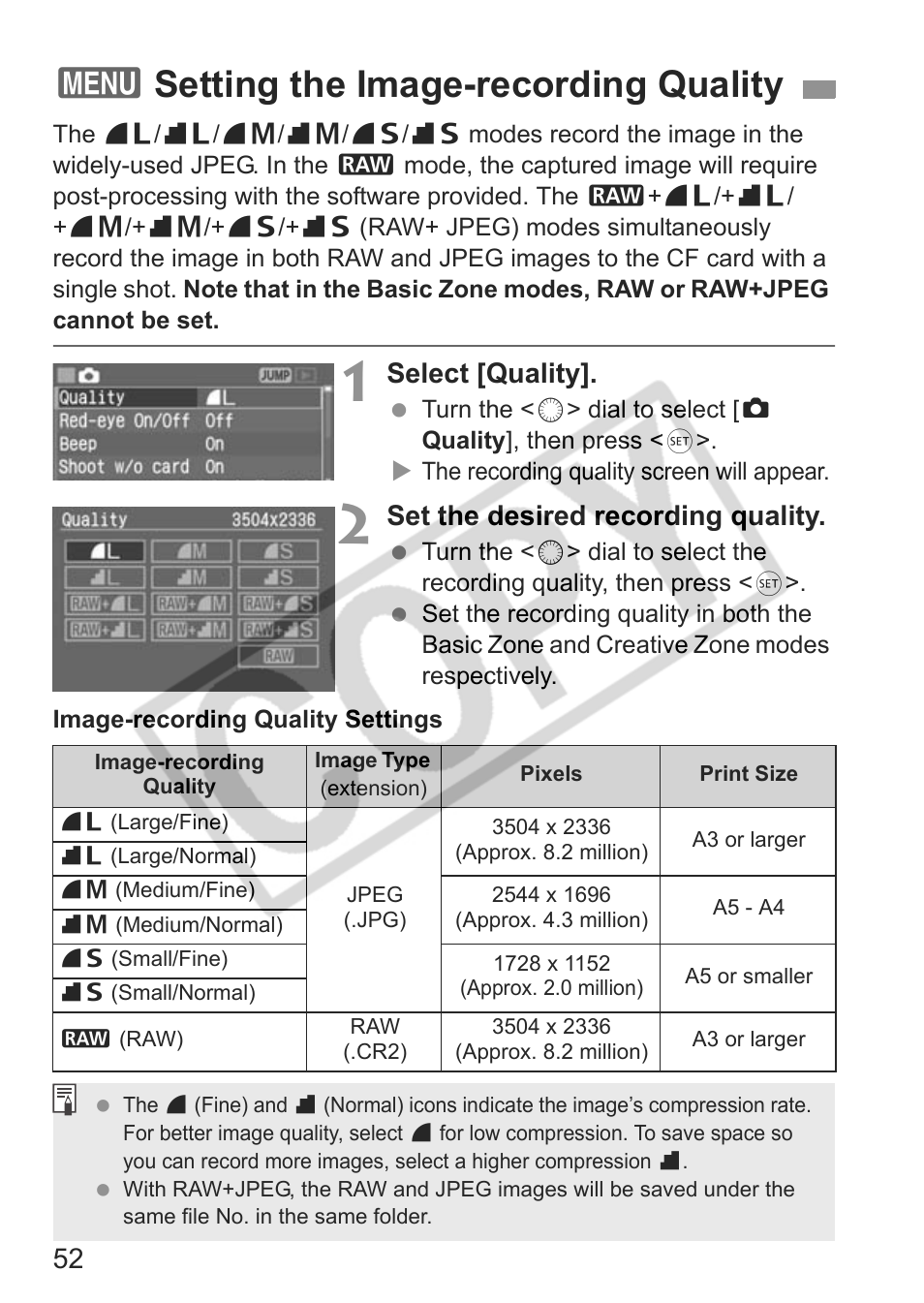 3setting the image-recording quality, Select [quality, Set the desired recording quality | Canon EOS 30D User Manual | Page 52 / 200