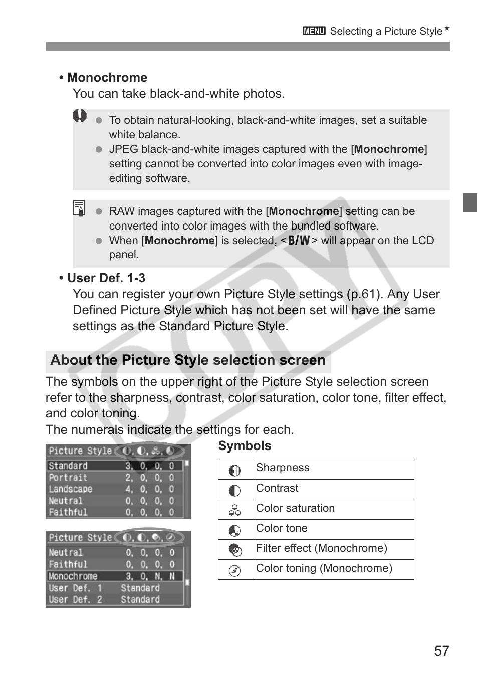 About the picture style selection screen | Canon EOS 30D User Manual | Page 57 / 200