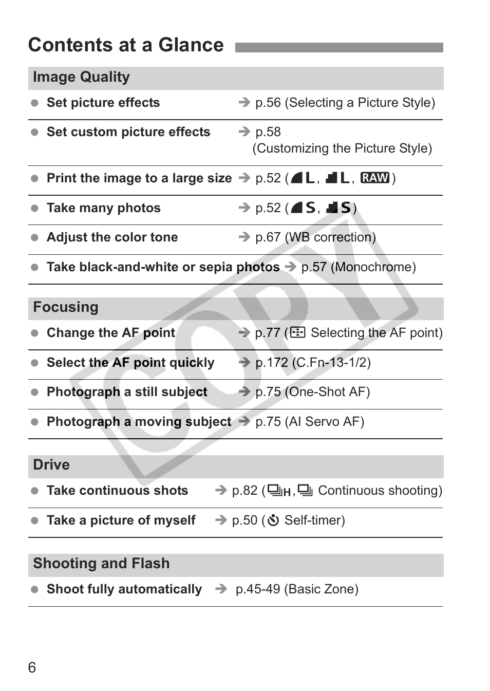 Contents at a glance | Canon EOS 30D User Manual | Page 6 / 200