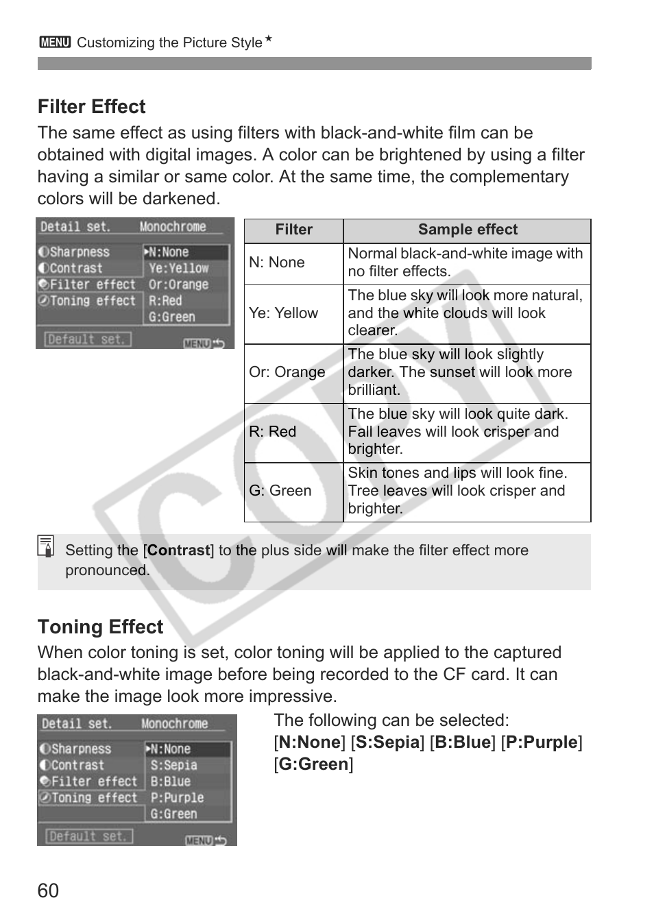 60 filter effect, Toning effect | Canon EOS 30D User Manual | Page 60 / 200