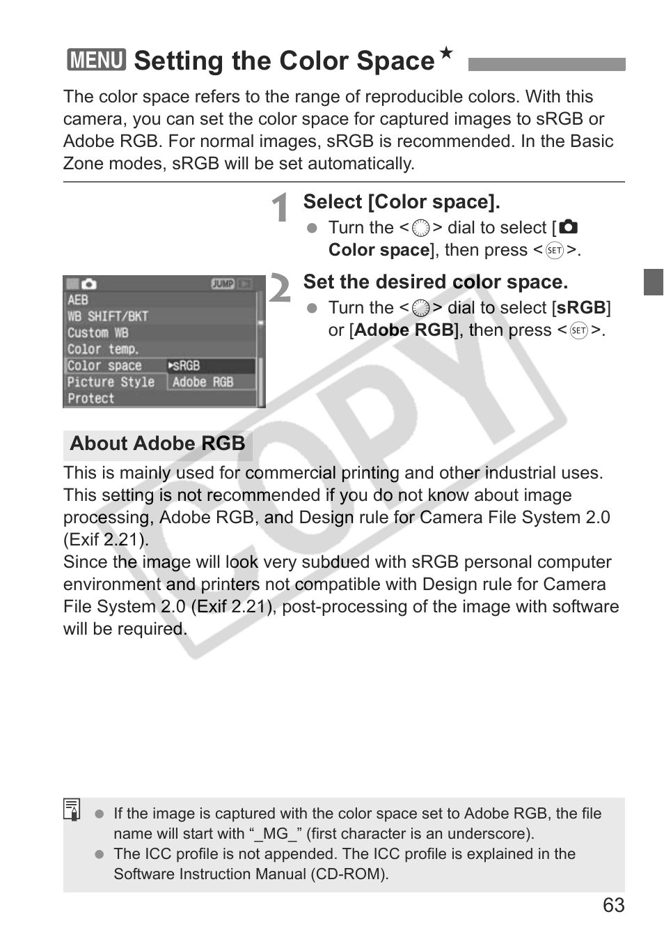 3setting the color space n | Canon EOS 30D User Manual | Page 63 / 200