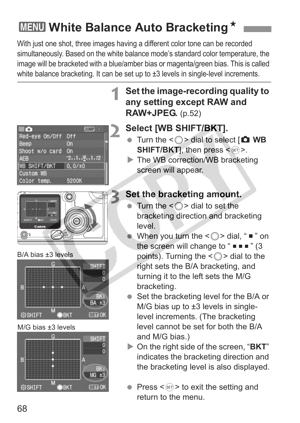 3white balance auto bracketing n | Canon EOS 30D User Manual | Page 68 / 200