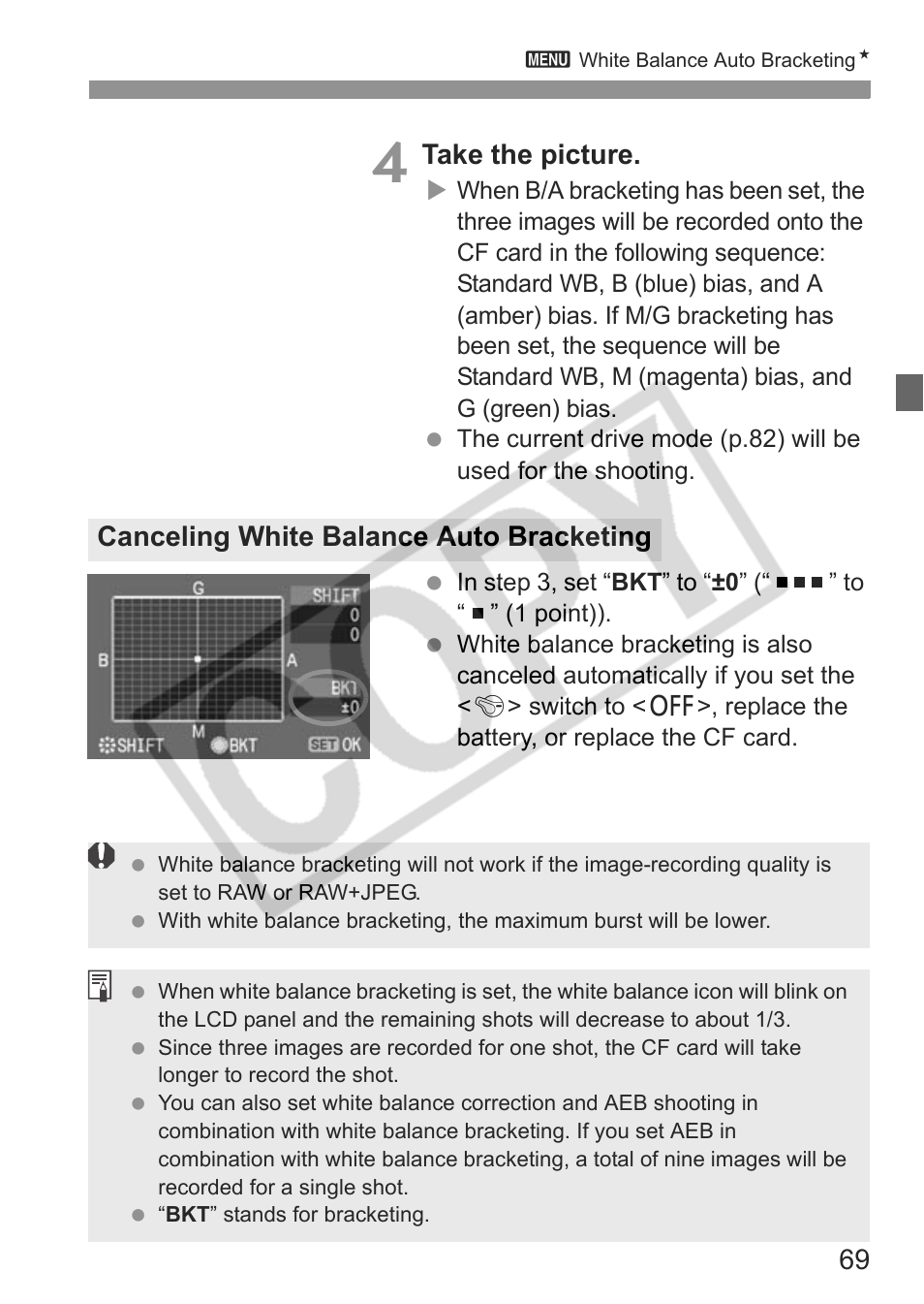 Take the picture, Canceling white balance auto bracketing | Canon EOS 30D User Manual | Page 69 / 200