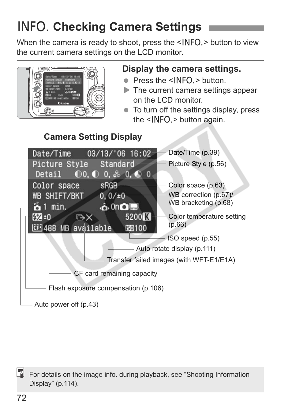 B checking camera settings, Display the camera settings, Camera setting display | Canon EOS 30D User Manual | Page 72 / 200