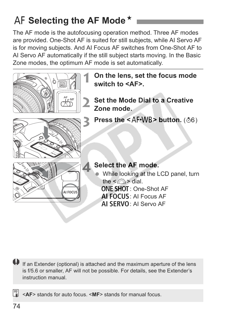 Fselecting the af mode n | Canon EOS 30D User Manual | Page 74 / 200