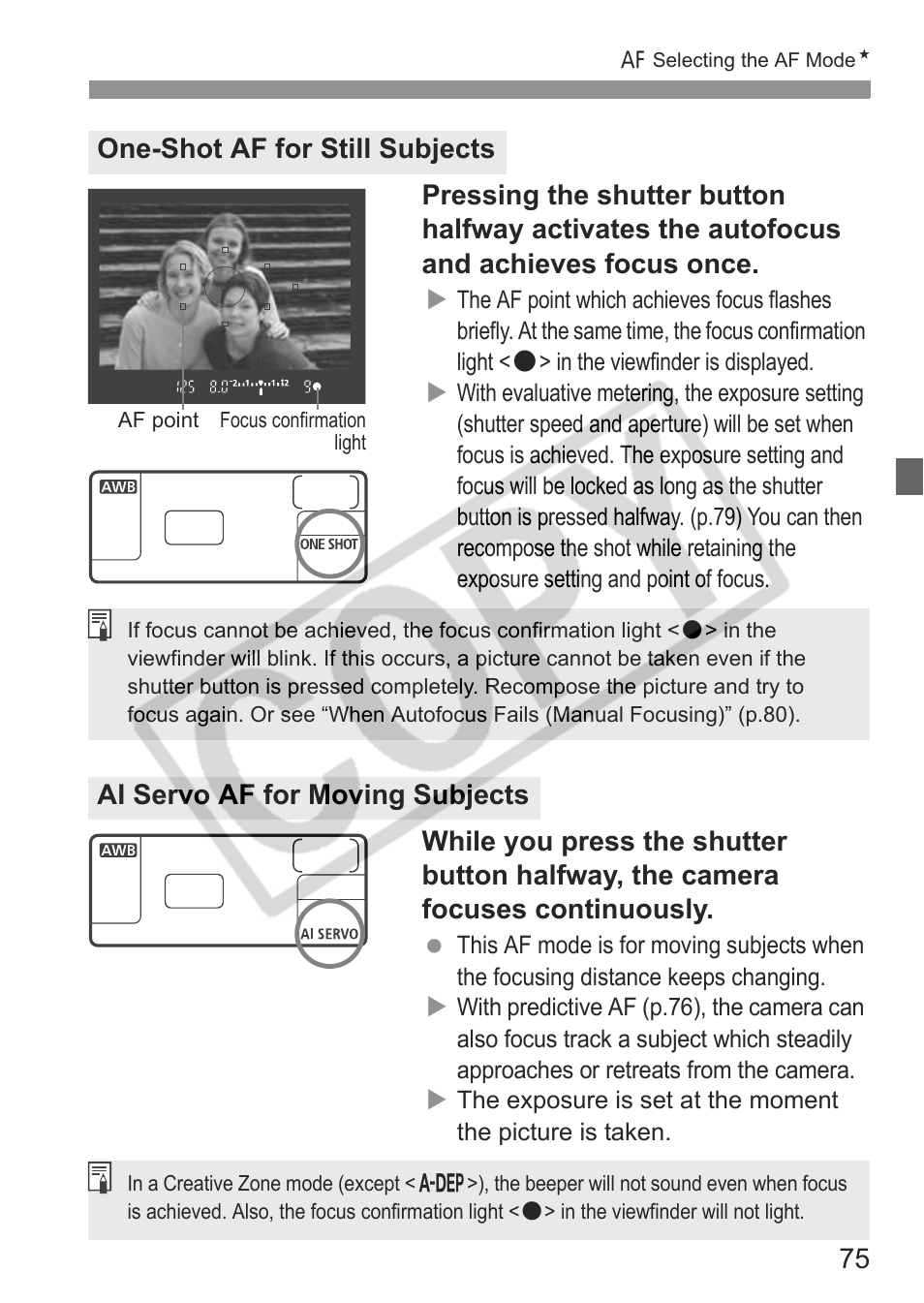 One-shot af for still subjects, Ai servo af for moving subjects | Canon EOS 30D User Manual | Page 75 / 200