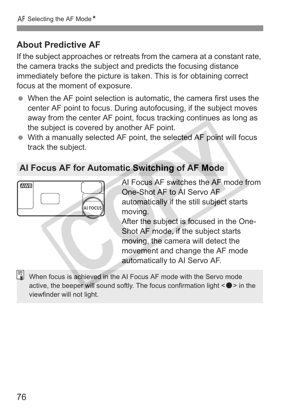 76 about predictive af, Ai focus af for automatic switching of af mode | Canon EOS 30D User Manual | Page 76 / 200